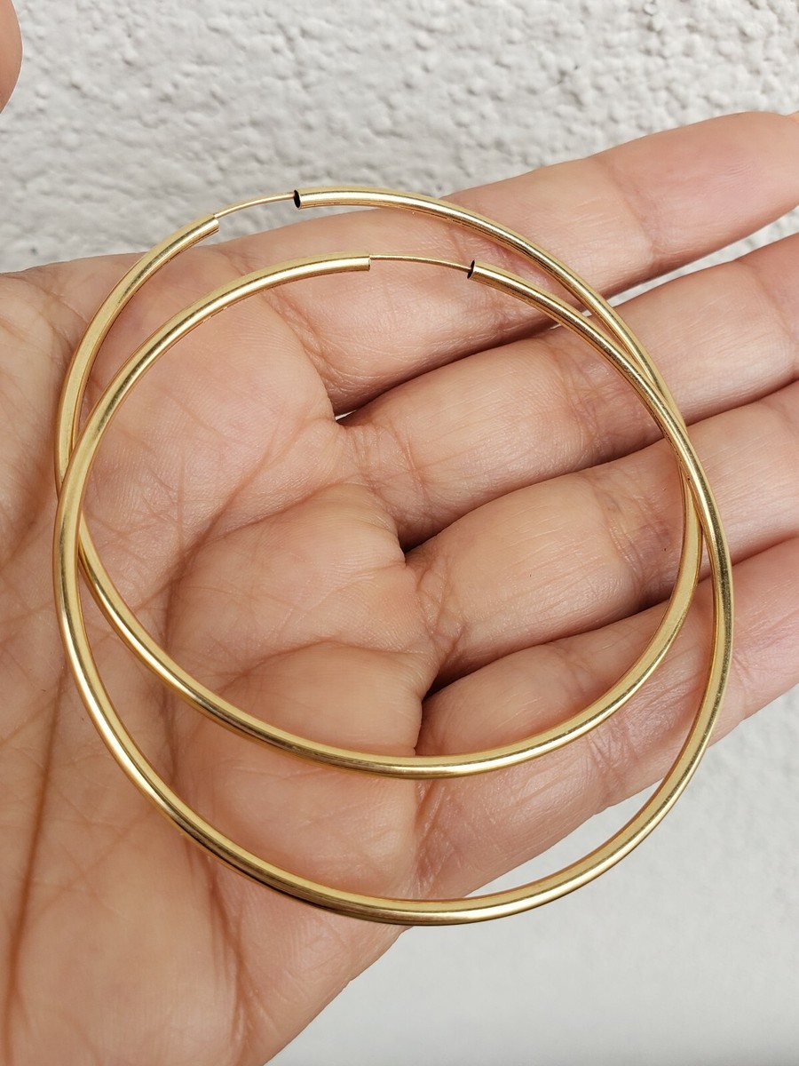 Large real 14k yellow gold big plain hoop earrings inch long 63 mm