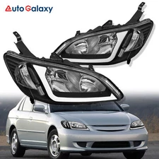 Pair LED DRL Black Housing Headlights Front Lamps For 2004-2005 Honda Civic New