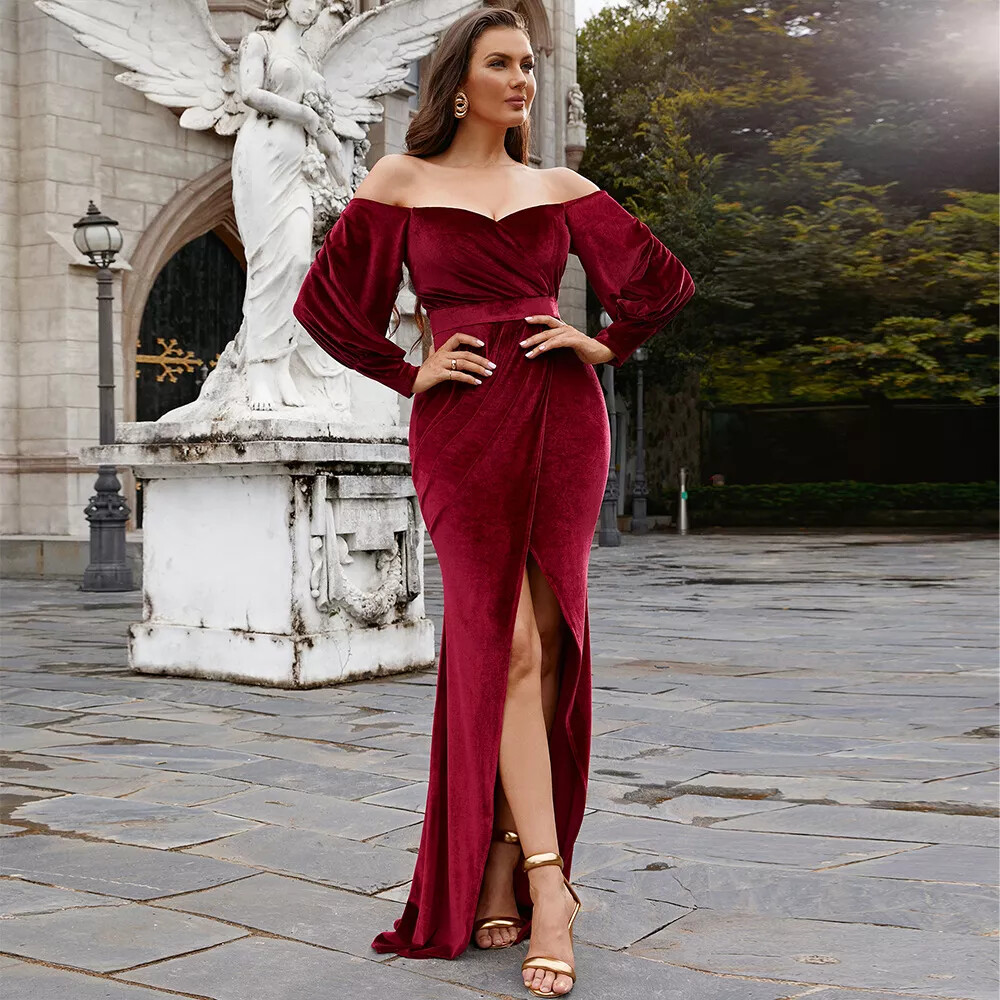 Vestito Abito Donna Elegante Lungo Strascico Sirena Velluto Rosso