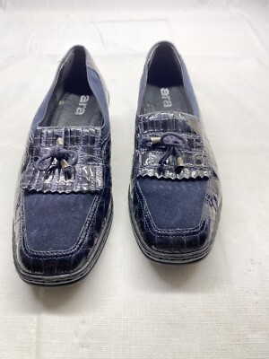 Ara Rachel Womans Sz 7.5 Loafers Black Leather Crocodile Suede Shoes