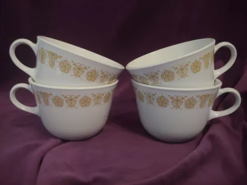 CORELLE CORNING BUTTERFLY GOLD Coffee Tea Flat Cups Mugs Set of 4