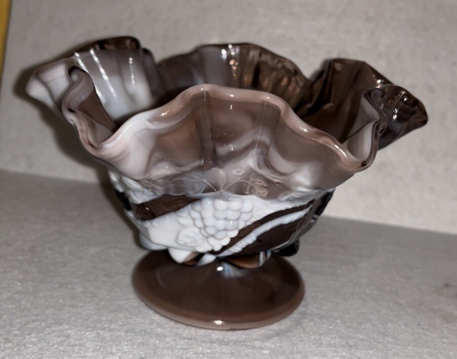 Vintage Westmoreland Purple Swirl Milk Glass Compote Candy Dish with Slag Glass Grapes  