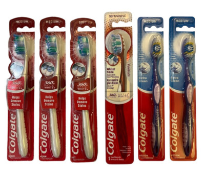 6 Colgate 360 Advanced Optic White , Extra Clean Medium Soft Manual Toothbrush