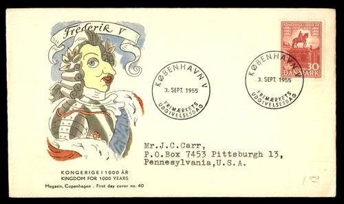 MayfairStamps Denmark FDC 1955 Kingdom for 1000 Years Frederik V First Day Cover