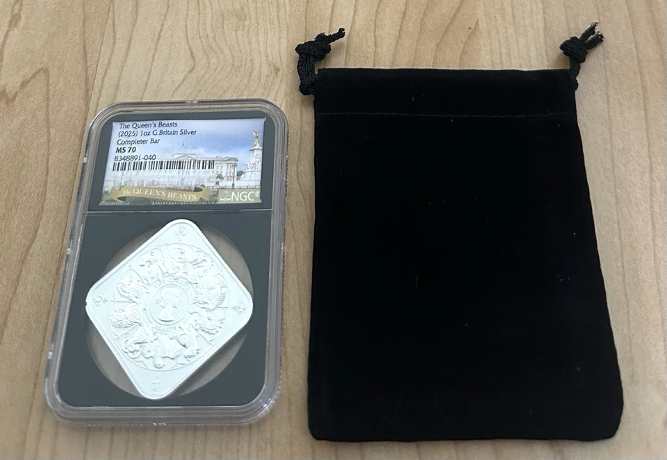 2025 Queen’s Beasts UK COMPLETER 1 oz Silver Bar Queen’s Beasts Label NGC MS70 - Image 2 of 4