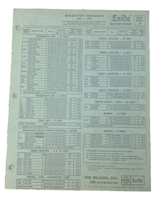 Genuine Vintage 1970 Exide Brand Battery Price Sheet / Page
