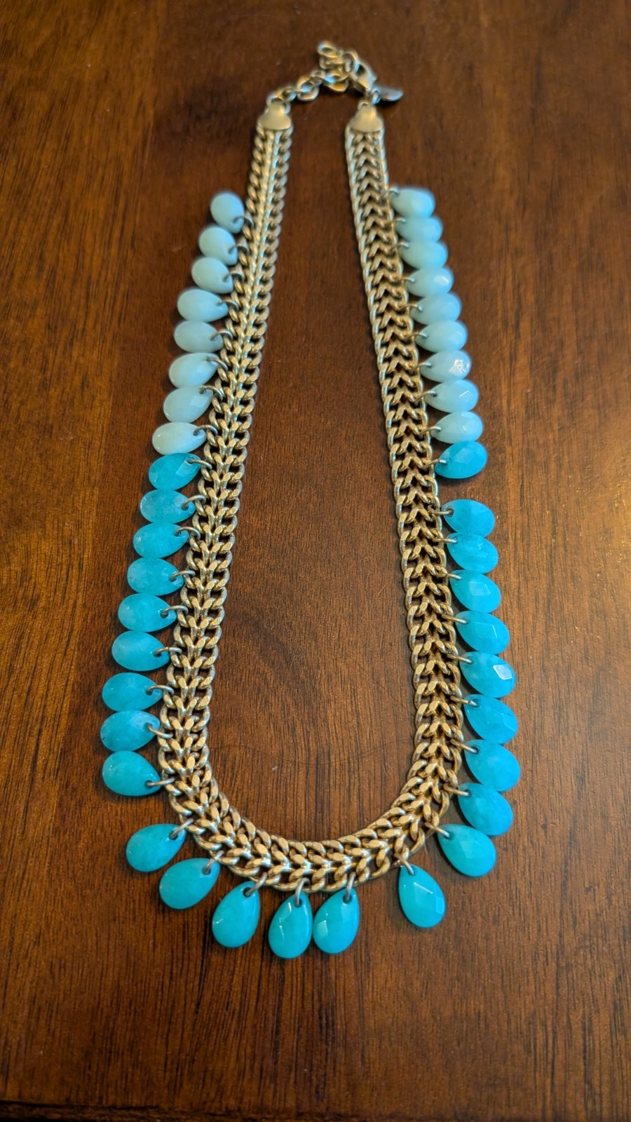 VTG Statement Necklace Stella & Dot Graduated Color Teardrop Beads Aqua Gold J81