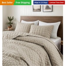 Beige Quilt King Size Bedding Sets with Pillow Shams, Lightweight Soft Bedspr...