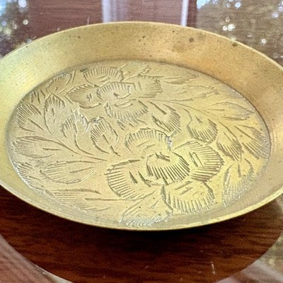 Vintage India Brass Etched Floral Catchall Dish, 2.75 