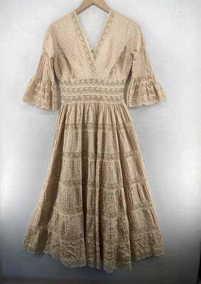 Dress S Pleated Lace Surplice V-Neck Bell Sleeve Tiered VTG Boho Wedding  Beige | eBay