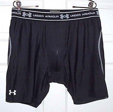 A VINTAGE, NOS PAIR OF UA BLACK CUP POCKET 2XL/XXL COMPRESSION SHORTS & HARD CUP