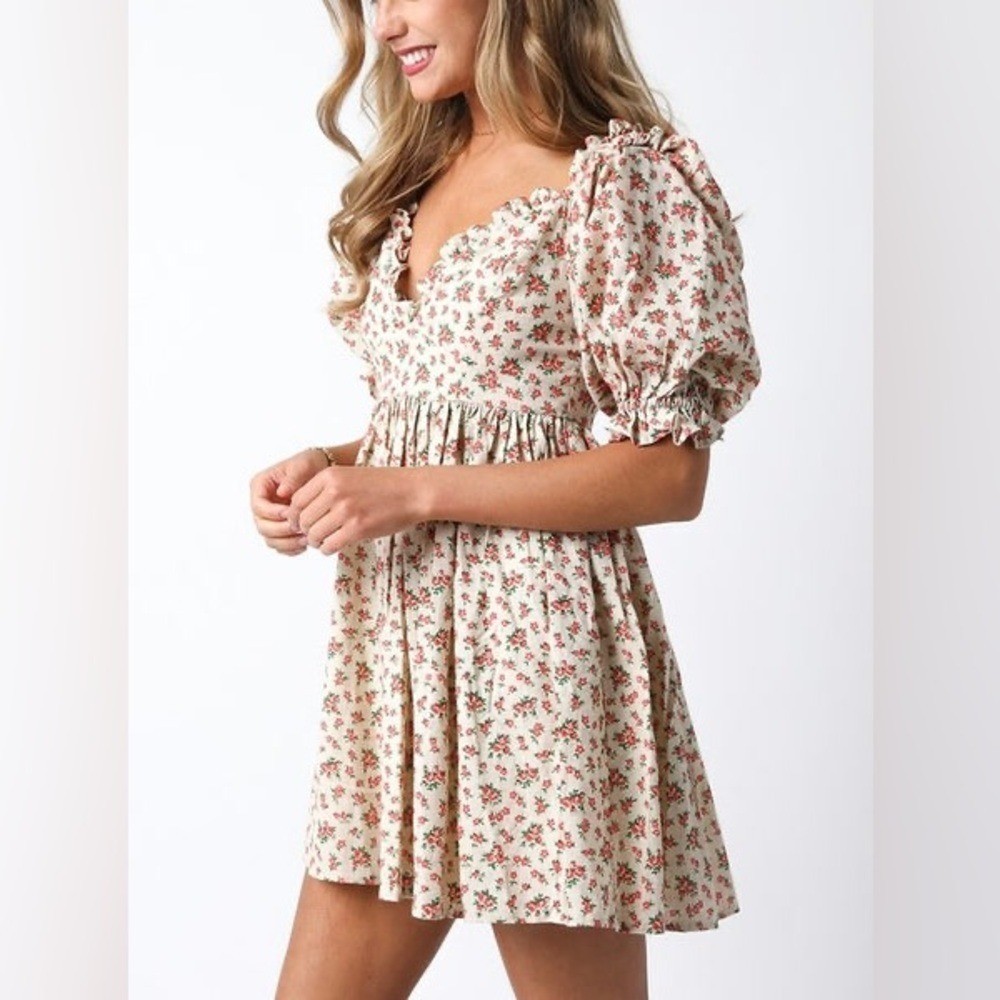 NWT OLIVACEOUS Floral Puff Sleeve linen Easter summer Boutique dress size M  | eBay