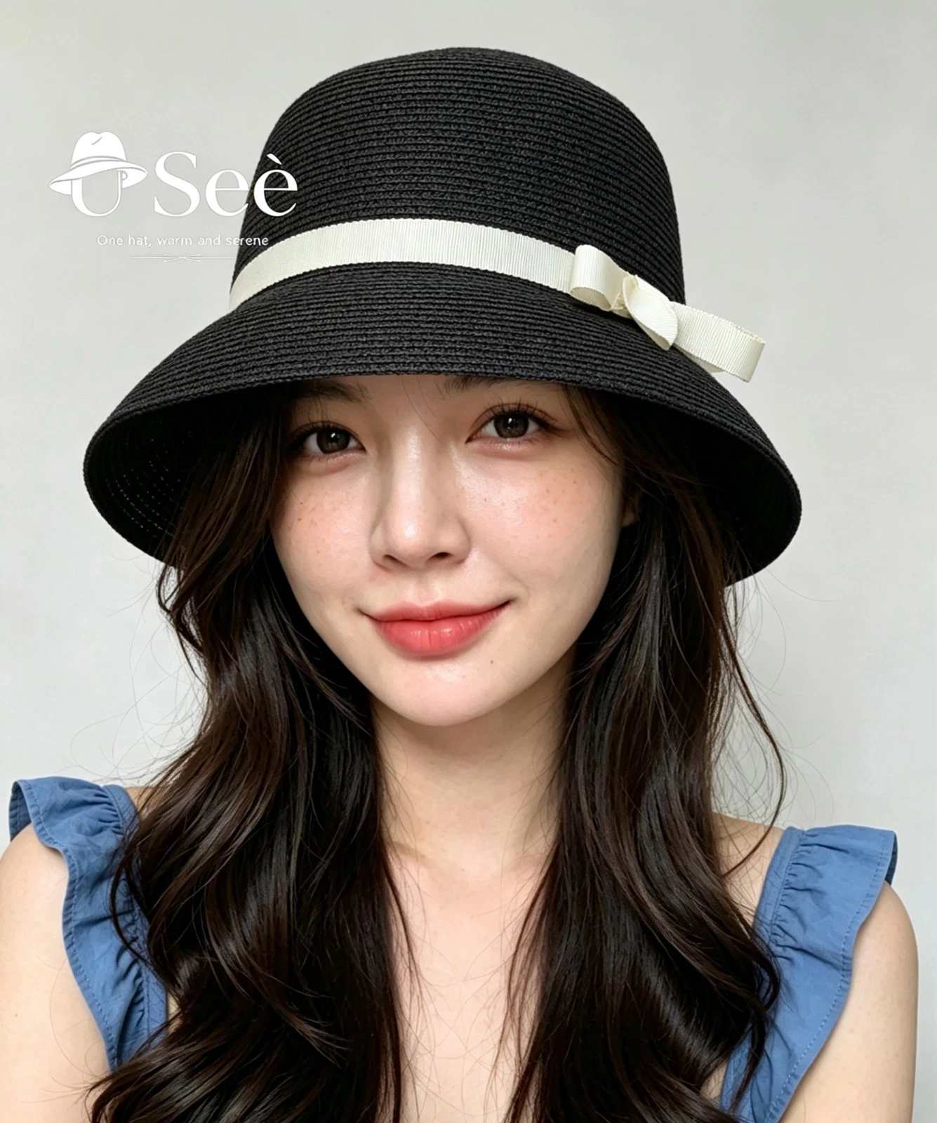 Women Natural Straw Bucket Hat Wide Brim Black Bowknot Band UV Protection Summer