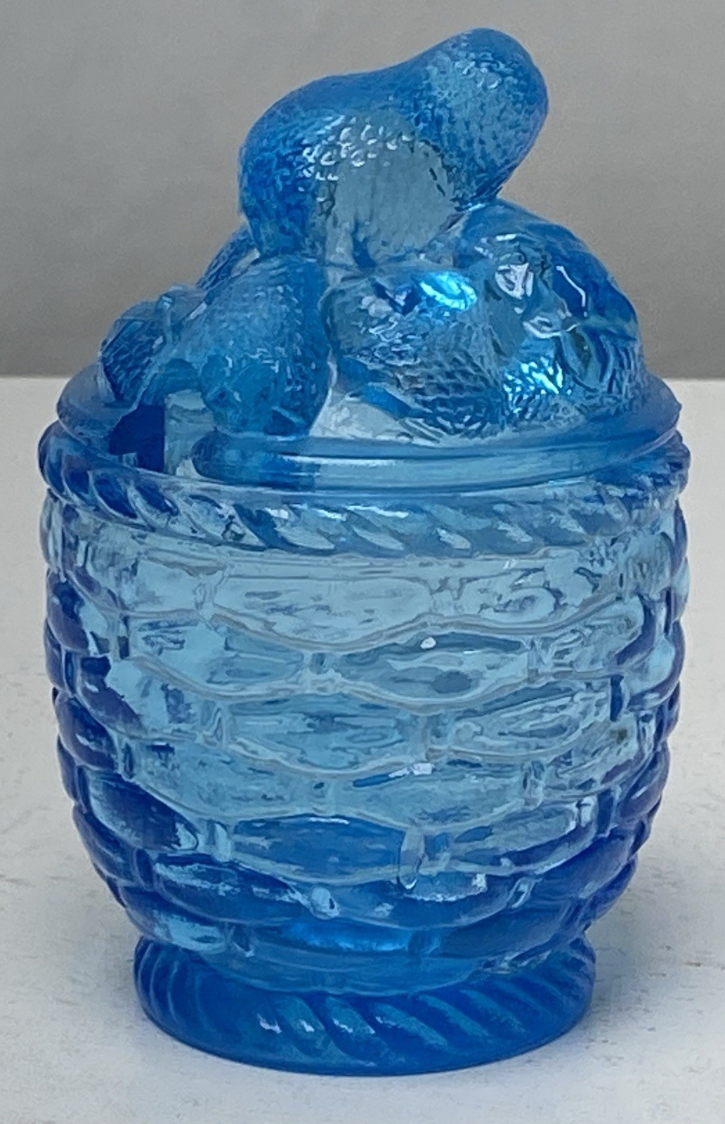 Vintage Pressed Glass Covered Dish Blue STRAWBERRY BASKET Jam Jelly Jar & Lid