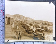 WW2 Era Military Convoy Trucks Supplies Tents Camp Old BW Photo Snapshot