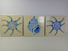 Handcrafted Ceramic Tiles Wall Art Seashell Ocean Coastal Beach 6x6 Set 3 Flaw
