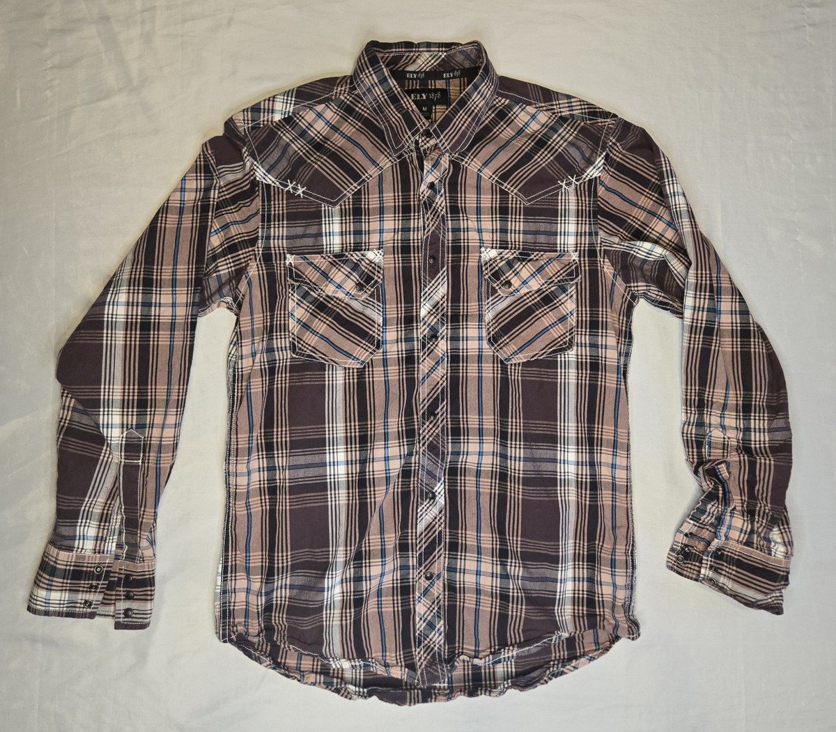 Ely Cattleman 1878 Western Snap Up Shirt Men's Medium Plaid Long Sleeve Casual