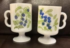 VTG 70’s Milk Glass Pedestal Mugs w/Blueberries Rare Blackberries USA Set of 2