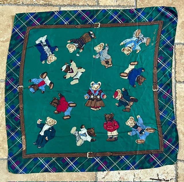 RARE! Vintage Ralph Lauren The Polo Bear Silk  Scarf 34" x 33" BEAUTIFUL!