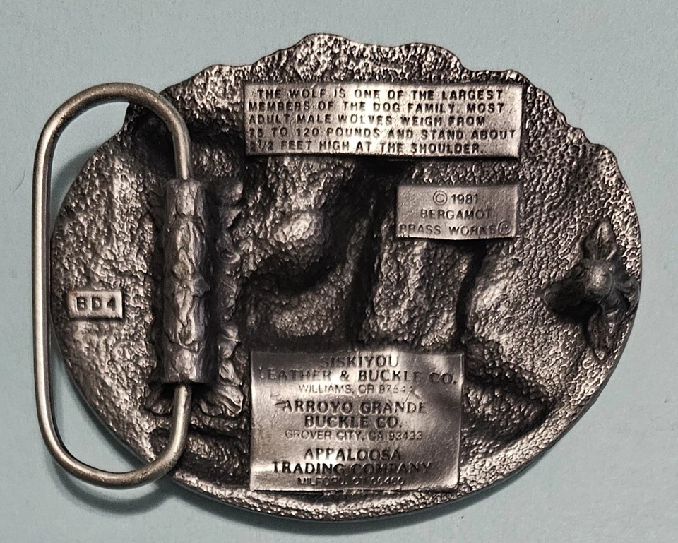 Vintage Wolf Belt Buckle 1981 BERGAMOT Brass Works Antique Pewter - Image 2 of 4