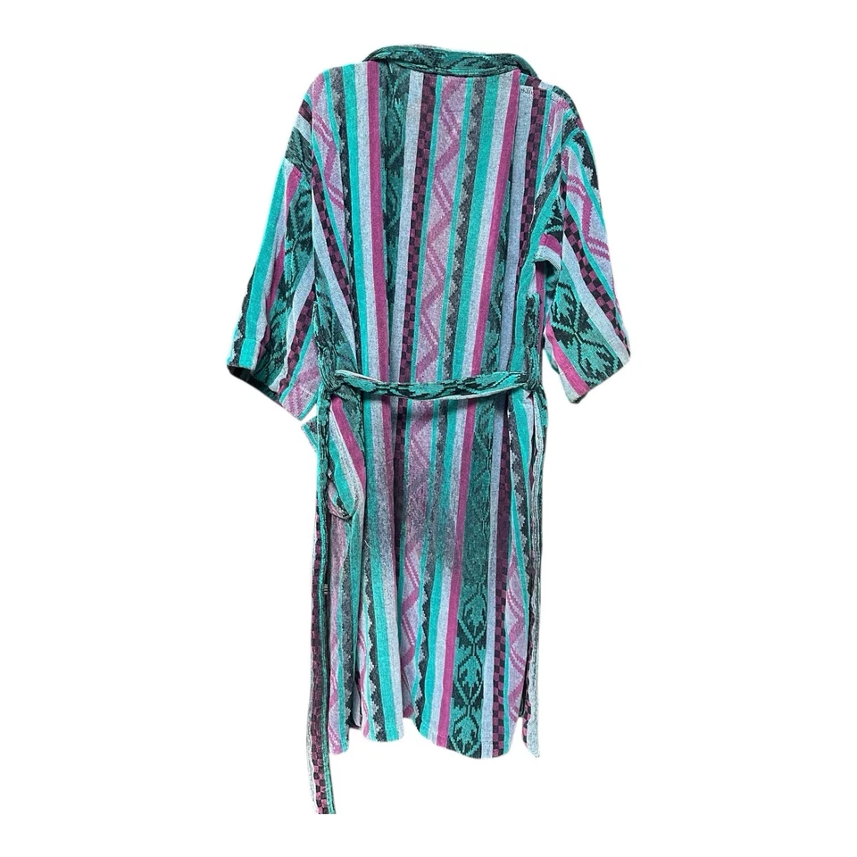 Bata a rayas azteca de rizo de algodón vintage años 90 kimono OS verde azulado, magenta, púrpura Foto 2 de 4