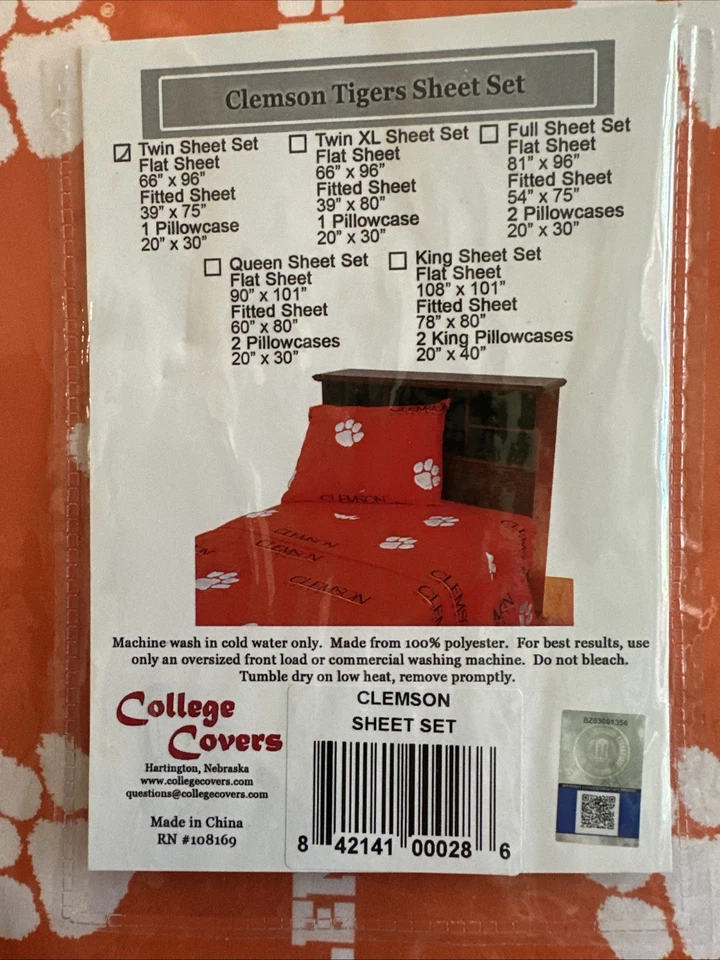 Clemson Tigers CUBIERTAS UNIVERSITARIAS Juego de Sábanas Impresas, Doble Equipo Color NUEVO Foto 3 de 3