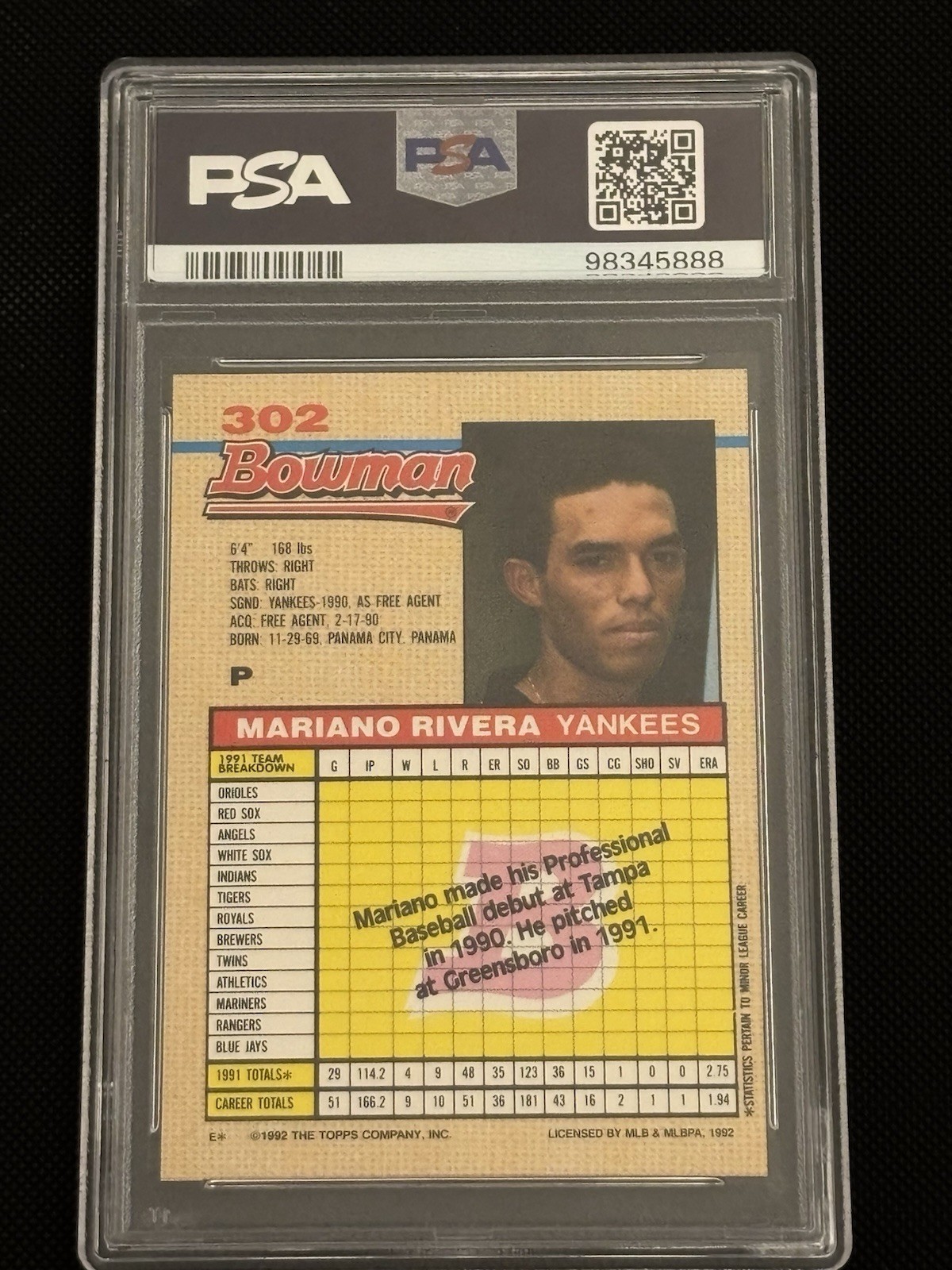 1992 Bowman Mariano Rivera Rookie Card  PSA 9 view 2