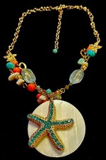 Vintage Starfish Necklace Beaded Beachy Vacay Coastal Shells Beads Rhinestones