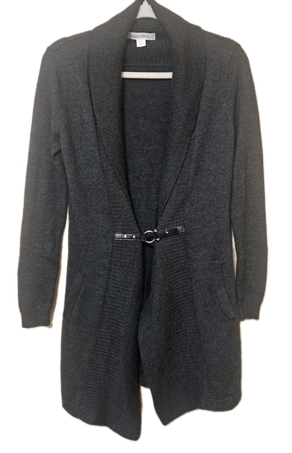 Ellen Tracy Gray Medium Sweater Long Cardigan Merino Wool Buckle Closure Pockets