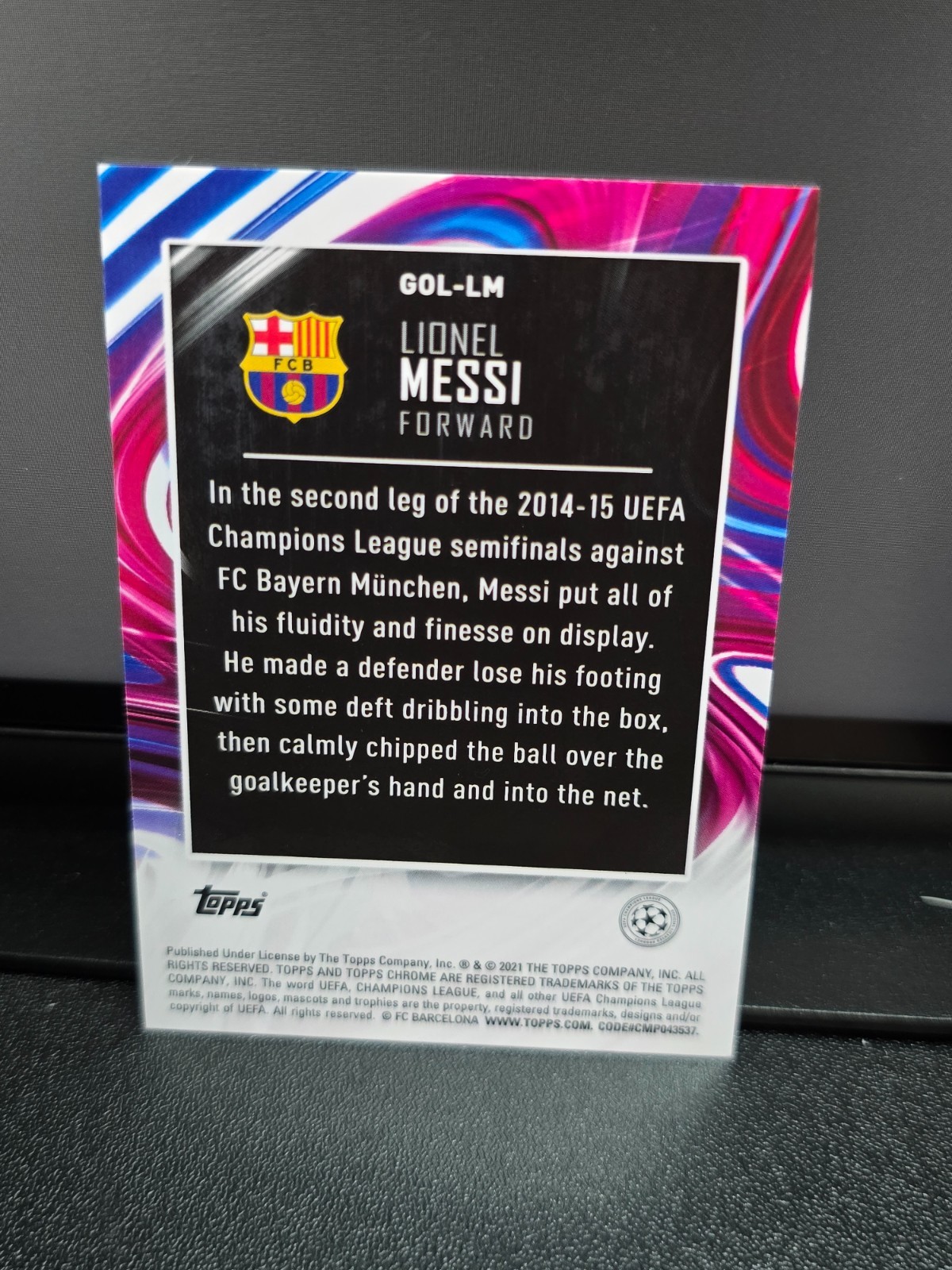 2020-21 Topps Chrome UEFA soccer Golazo-Lionel Messi view 2