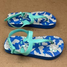 Kids Shark Print Sandals Blue Teal Back Strap Beach Shoes Size 7/8
