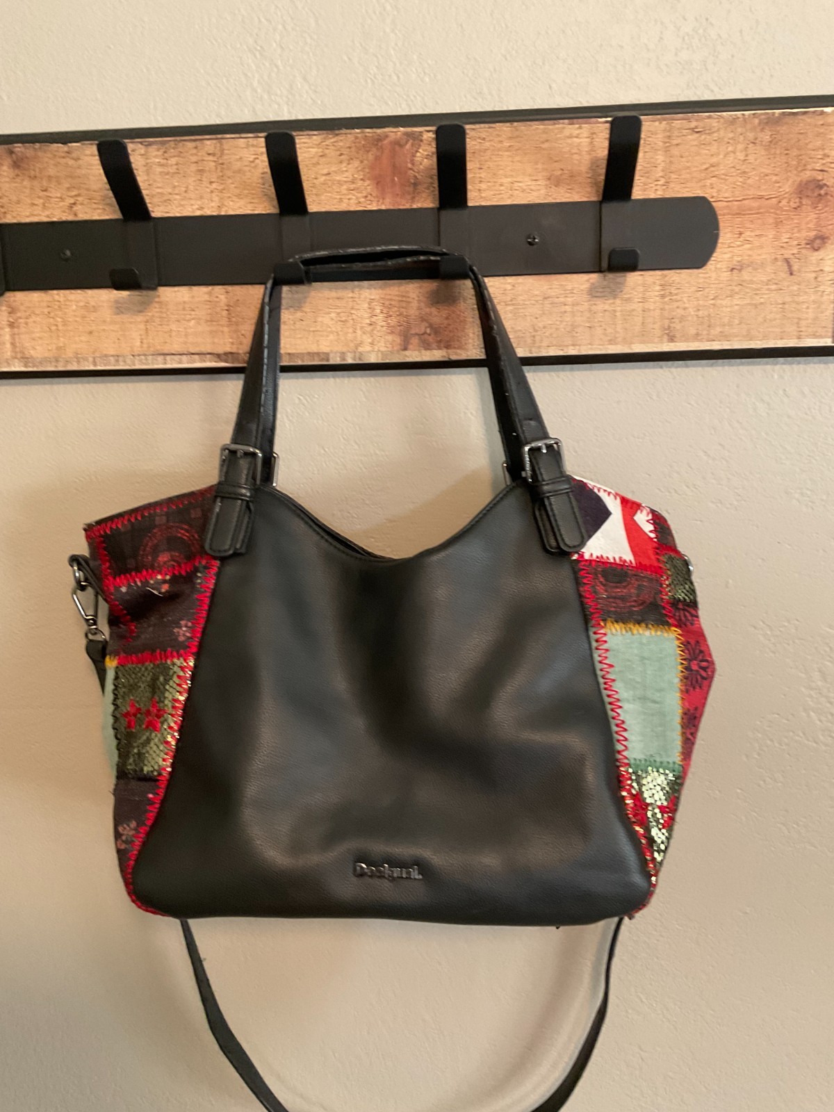 Desigual Black Red Patchwork Convertible Bag Satc… - image 5