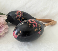 Set of Vintage Maracas 12" Wood Carved Etch Floral Latin Percussion Mexico