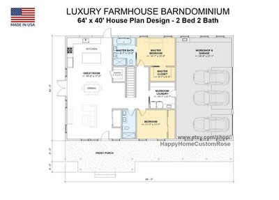 Luxury Farmhouse Barndominium - 64' x 40' House Plan Design - 2 Bed 2 Bath - Dra