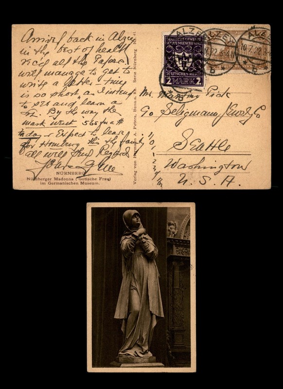 Mayfairstamps Germany Alzey to Seattle WA USA Nuremberg statue Post Card cca_245
