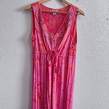 USINDO Pink Batik Print Maxi Dress, Sequin V-Neck, Boho Summer Style - Size M