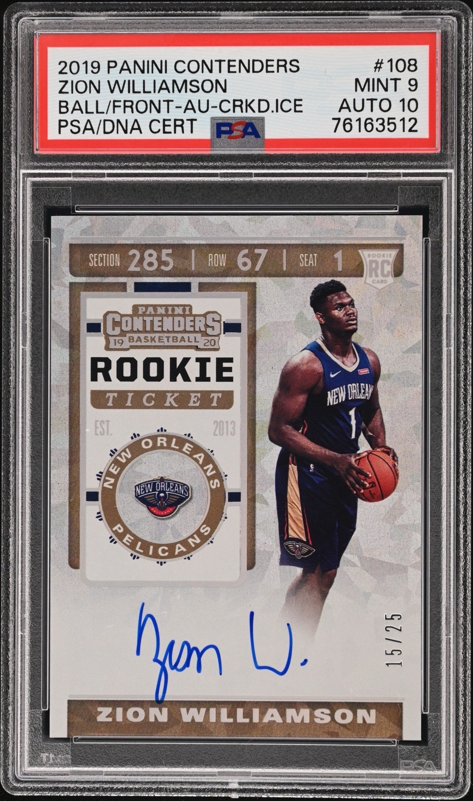 2019 Panini Contenders Zion Williamson #108 Ball In Front Cracked Ice Auto PSA 9 view 1