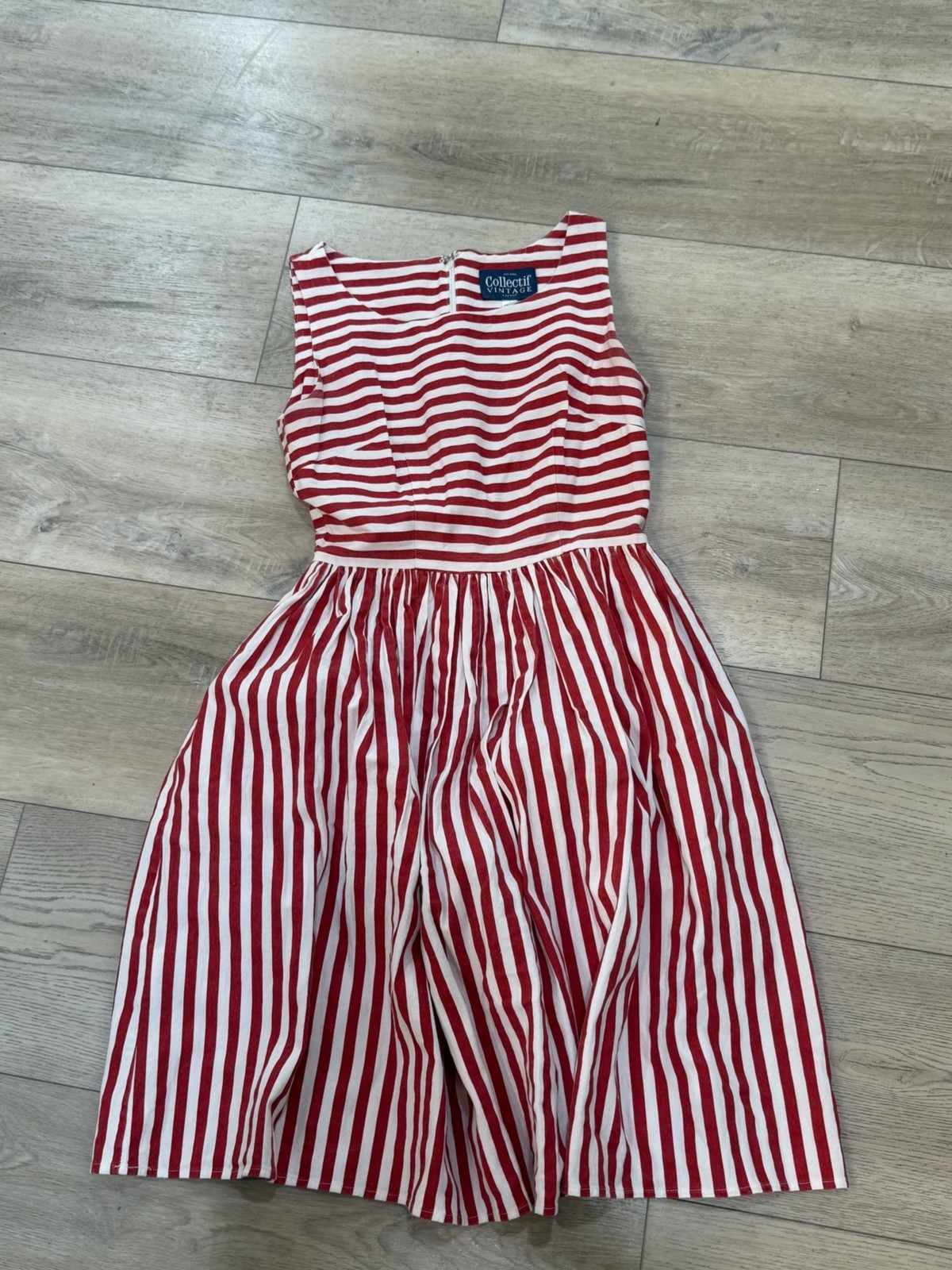 Collectif Vintage Red White Striped Fit & Flare Sleeveless Cotton Dress S