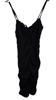 h&m Damen Kleid schwarz drapiert kurz tailliert schmale Schulter Rüschenbesatz Gr. Small
