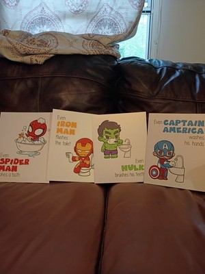 Super Hero Kids Bathroom Decor 4 8x10 Shiny Cardstock Prints Wall Art Decor Set