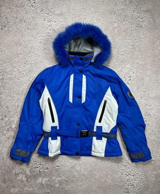 Sportalm Blue White Ski Jacket Women s M Belted Faux Fur Hood Embroidery