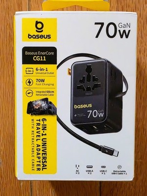 Baseus 70W Universal Travel Adapter w/ Retractable Cable for Over 200 Countries
