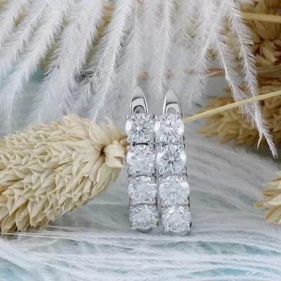 2 Ct Round Cut Real Moissanite Women Huggie Hoop Earrings 14K White Gold Plated