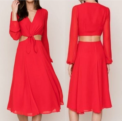 Yumi Kim Red Open Heart Midi Dress XS Tie Front Cutout VNeck Flowy Romantic  $218 | eBay