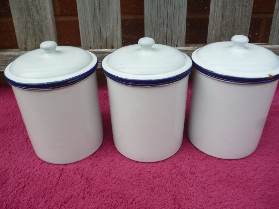 3 Vintage French White Enamel Kitchen Storage Jars with Blue Trim