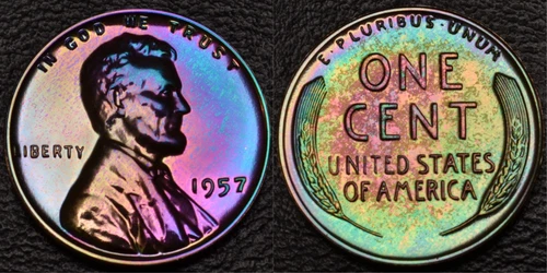 1957 PROOF Lincoln 1 One Cent STUNNING MONSTER Rainbow Toning (51-40)