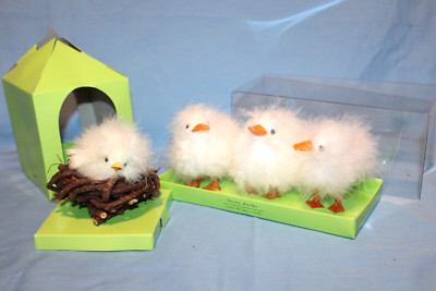 Pier 1 Imports Set of 3 Fuzzy Ducks and 1 Chick in a Nest Easter Decor NEW Read