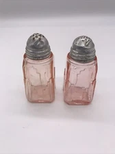 Vintage Pink Depression Glass Art Deco Sky Scraper Design Salt and Pepper Shaker