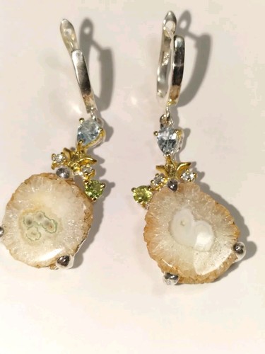 Natural Druzy Quartz, Blue Topaz,Peridot dangle Earrings 925 Sterling,Gold plate - Picture 7 of 8