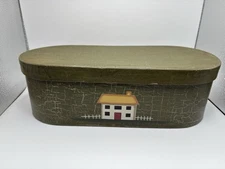 Oval Shaker Pantry Box Folk Art Primitive Style Home Picket Fence Green Crackle